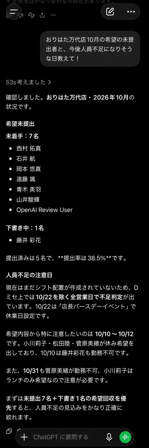 ChatGPTスマホアプリ上でDミセの実データを使い、希望提出状況や人員不足を整理している例